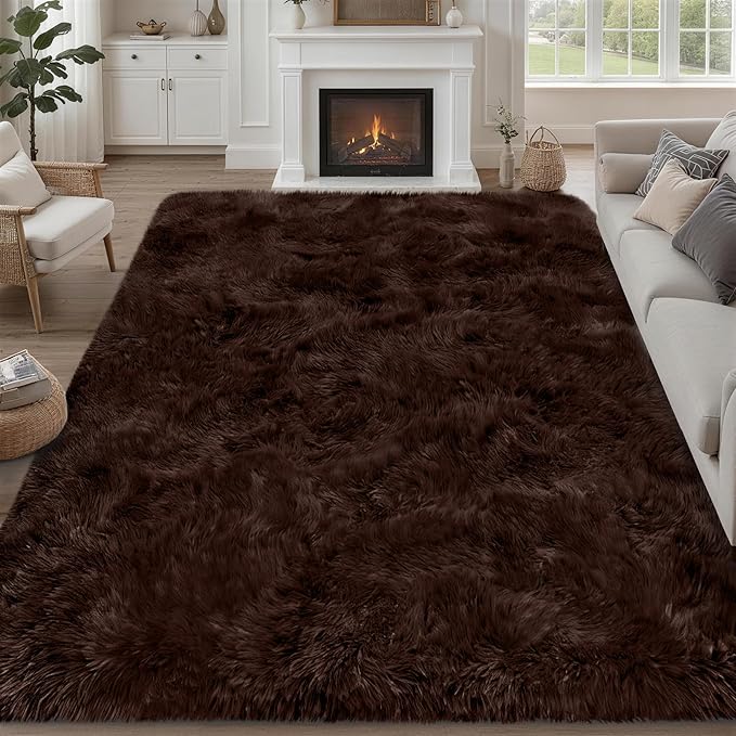 8x10 Area Rugs for Living Room Bedroom: Ultra Soft Fluffy Shag Rug Upgrade Non-Slip Non-Shedding Large Fuzzy Plush Carpet Indoor Floor Carpets for Kids Room Playroom Nursery Dorms Home Decor Brown