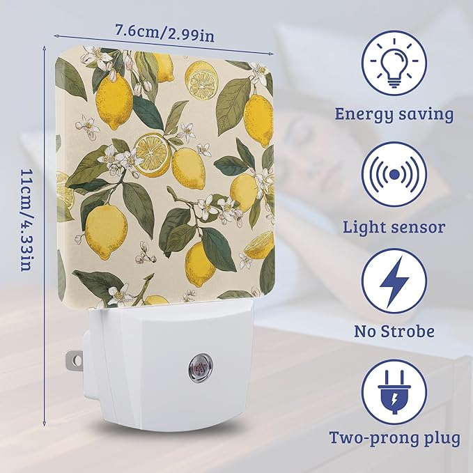 Lemon White Flowers Night Light Plug Into Wall with Dusk to Dawn Sensor Wall Lamp, LED Nightlights for Bedroom, Bathroom, Kitchen, Hallway, Room Decorative for Boys Girls Women Men Gifts
