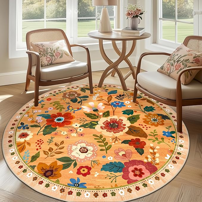 RELEANY Floral Nursery 6ft Area Rugs Washable Print Boho Cute Carpet Non Slip Flower Low Pile for Living Room Kids Girls Playroom Bedroom Kitchen Office Farmhouse-Yellow/Orange