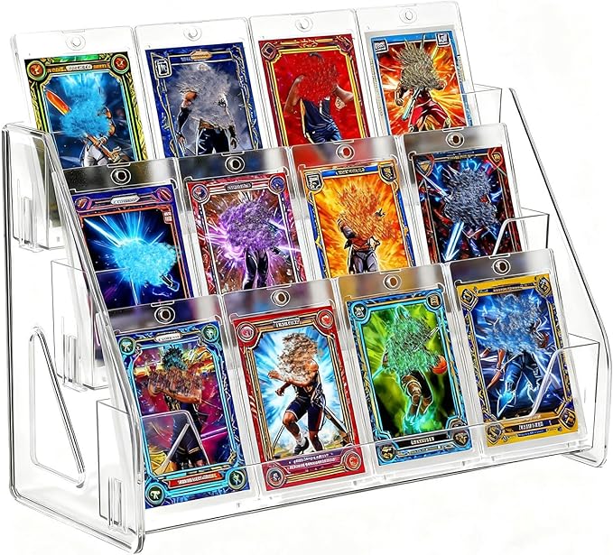 3-Tier Trading Card Display Stand – Transparent Vertical PET Rack for Standard Graded Card Slabs, Toploaders, Magnetic Holders, Sports Collections