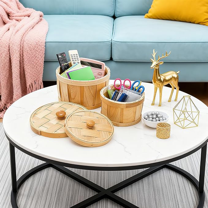 Lawei Set of 2 Round Woven Storage Baskets with Lids, Natural Woodchip Decorative Storage Fruit Buckets, Dust-Proof Kitchen Snack Organizer & Home Decor Storage Bins for Shelf, Home, Office