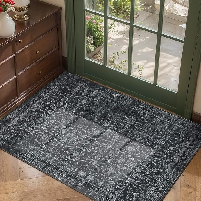 Rugxara Entryway Rug Door Mat, Washable Samll 2x3 Rug, Black Boho Front Door Mat, Non Slip Area Rugs, Low Pile Throw Accent Entry Carpet for Indoor Entrance, Bathroom and Kitchen(Black 2x3ft)