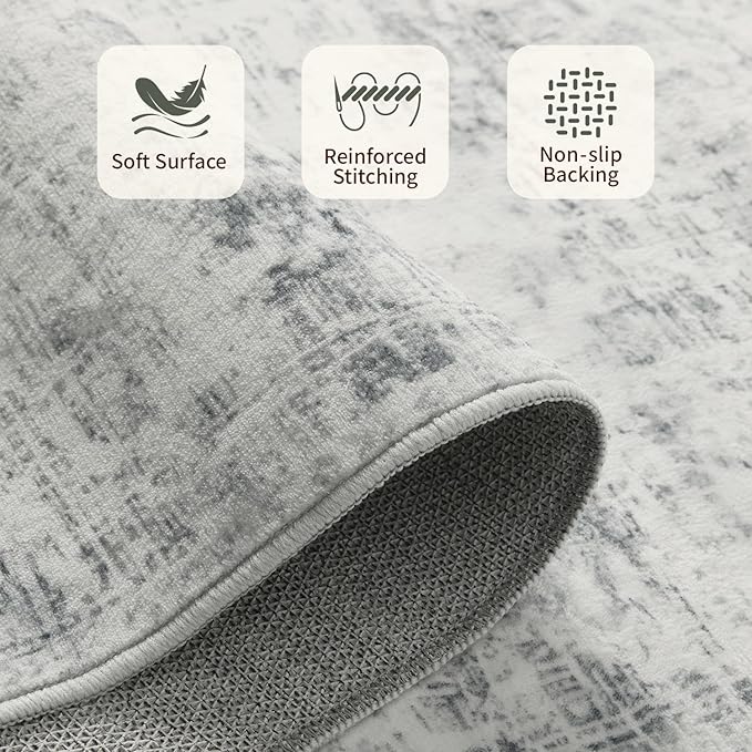 Rugxara Area Rugs for Living Room Bedroom, Washable Rug, Grey Vintage Abstract Boho Rug, Non Slip & Low Pile Wool Carpet for Indoor Dining Room, Farmhouse, Kids Room and Office(Grey 4x6ft)
