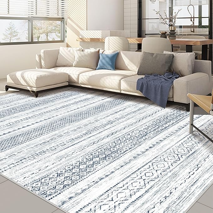 Nakagishi 9x12 Area Rugs Living Room: Washable Boho Large Neutral Soft Farmhouse Rug Stain Resistant Modern Indoor Floor Non-Slip Carpet for Bedroom Nursery Kids Playroom Office Dining Dorm-White Blue