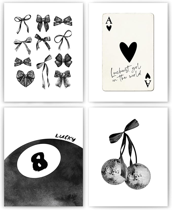 okaxscm Black Coquette Trendy Preppy Wall Art Prints Set of 4, Coquette Room Decor, Preppy Room Decor Aesthetic, Black Bow Disco 8 Ball Cherry Wall Decor Posters for Girls Bedroom Dorm, 8x10 Unframed