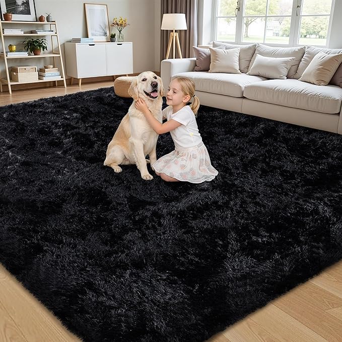 6x9 Area Rug for Living Room:Ultra Soft Fluffy Shag Black Rugs,Large Fuzzy Plush Indoor Non Slip Carpet Washable Rug for Bedroom Kids Nursery Office Dorm Modern Decor(Black 6'x9')