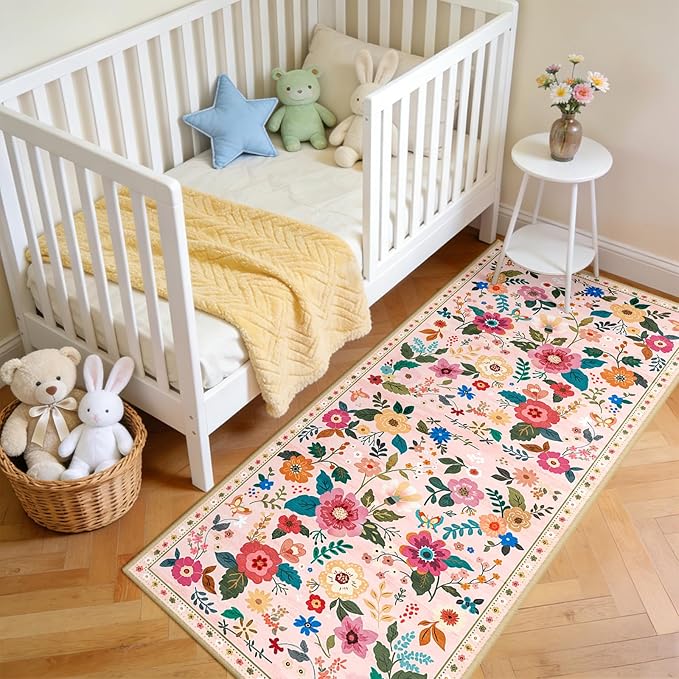 RELEANY Floral Nursery 2x5 Area Rugs Washable Print Boho Cute Carpet Non Slip Flower Low Pile for Living Room Kids Girls Playroom Bedroom Kitchen Office Farmhouse-Pink