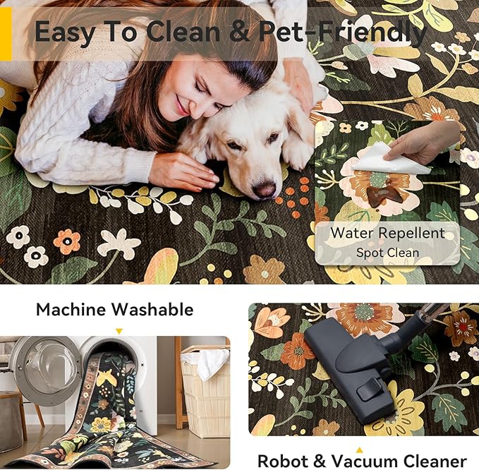 RELEANY Floral Nursery 4x6 Area Rugs Washable Print Boho Cute Carpet Non Slip Flower Low Pile for Living Room Kids Girls Playroom Bedroom Kitchen Office Farmhouse-Black/Yellow/Red