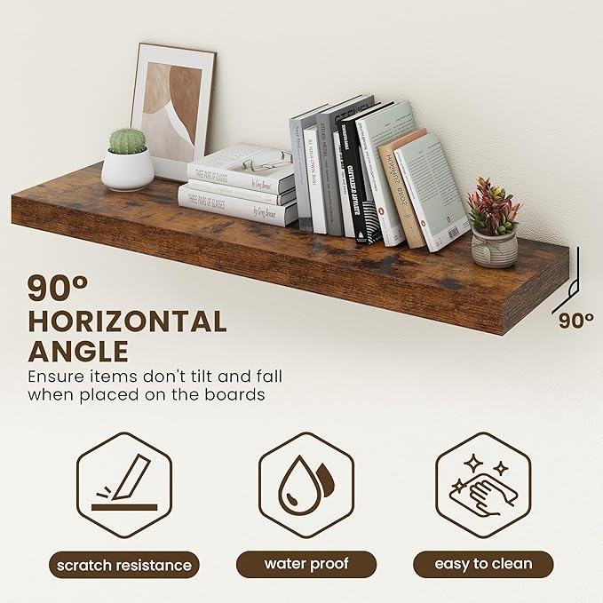 FLYJOE 48 Inch Floating Shelves | 12 Inch Deep Floating Shelves Set of 2 | 48" W x 12" D Rustic Brown Wood Wall Shelves for Bathroom Living Room Kitchen Laundry Room