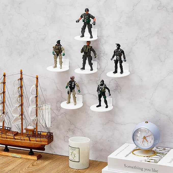 Juexica 24 Pcs White Acrylic Floating Action Figure Wall Shelves 3 Inch Wall Display Shelf for Collectibles Display Ledges Stand Holder Tiny Mount Storage Organizer for Toys Action Figure Case