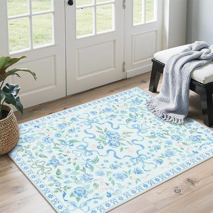GENIMO 3X5 Washable Vintage Area Rugs for Living Room, Non-Slip Low Pile Chenille Print Rug, Soft Rugs for Bedroom Dining Room Home Office, Pastel Blue