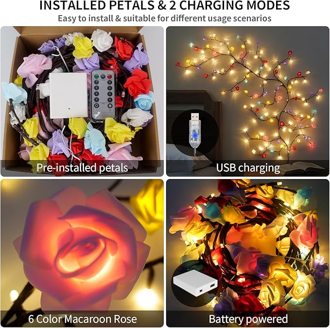 FNHMSL Macaroon Rose Blossom Enchanted Willow Vine Lights, 7.55FT 144LED 6 Color Blossom Tree Branch Lights for Wall, Remote Timer,8 Light Model,Bedroom Wall Doors Wedding, Christmas, USB Battery Box