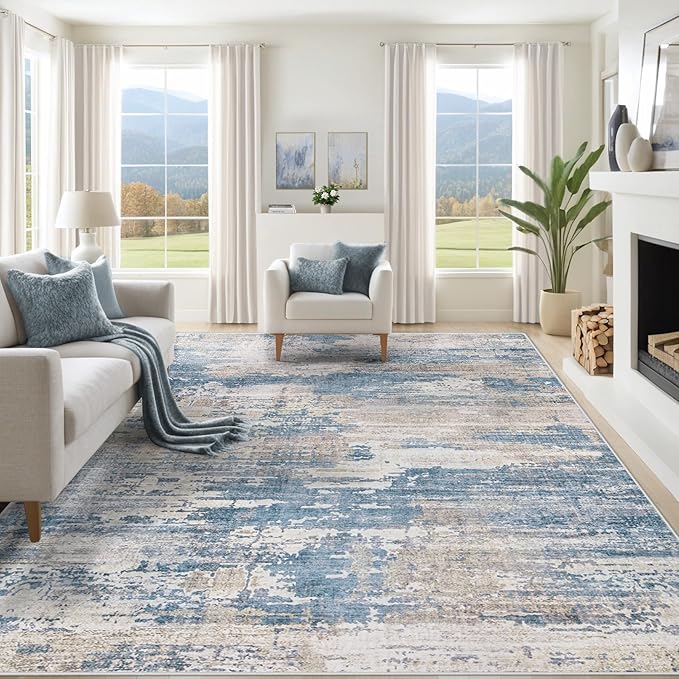 XLUEZ 10x14 Area Rugs for Living Room, Washable Modern Abstract Large Area Rug Neutral Soft Non Slip Kids Rug Stain Resistant Indoor Carpet for Bedroom Dining Room Playroom Office(BlueBeige, 10'x14')