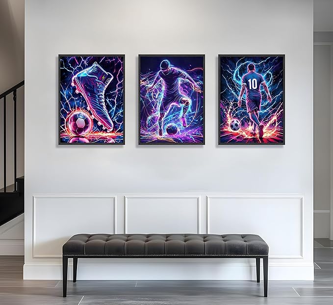 FJKLRP 3pcs Neon Lightning Soccer Canvas Wall Art Football Wall Decor with 10 Number Player Paintings posters Trendy Sports Artwork for Bedroom Living Room Fan Cave Game Room decor Unframed