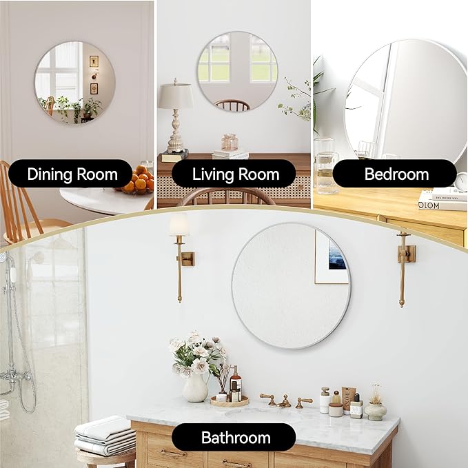 SCWF-GZ 24" Round Mirror Circle Wall Mounted Hanging or Against Wall Aluminum Alloy Metal Frame Dressing Make-up Mirrors for Entryway Bedroom Bathroom Living Room 24 inch Silver