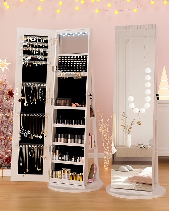 6 LEDs Jewelry Cabinet Standing Lockable with Rotatable Full-Length Mirror, 360° Swivel Jewelry Armoire with Jewelry Storage, 3 Rear Shelves, Jewelry Organizer for Best Gift, White