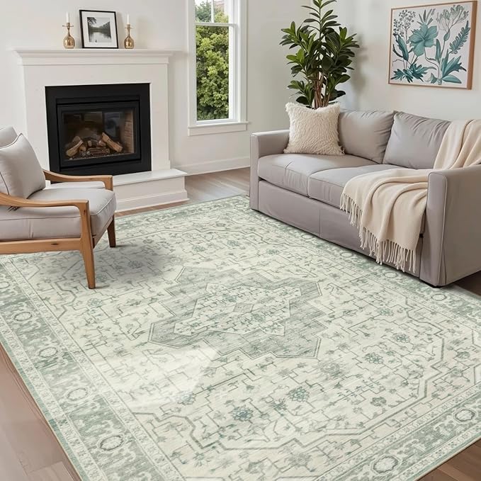 Rugxara 5X7 Washable Area Rug for Living Room, Vintage Large Boho Rugs for Office, Dining Room, Kids Room, Farmhouse, Durable Low Pile Non Slip Carpet for High Traffic Areas, Sage Green