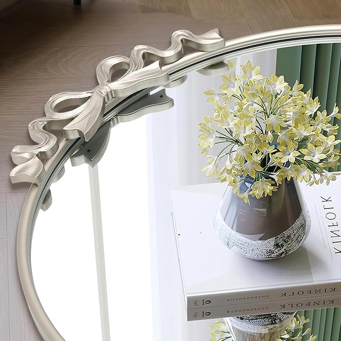 Besdomus Antique Large Wall Mirror: 27" Champagne Silver Bow Vintage Wall Mounted Mirror - Baroque Traditional Ornate for Fireplace/Bathroom/Living Room - Wall Decor for Teen Girl