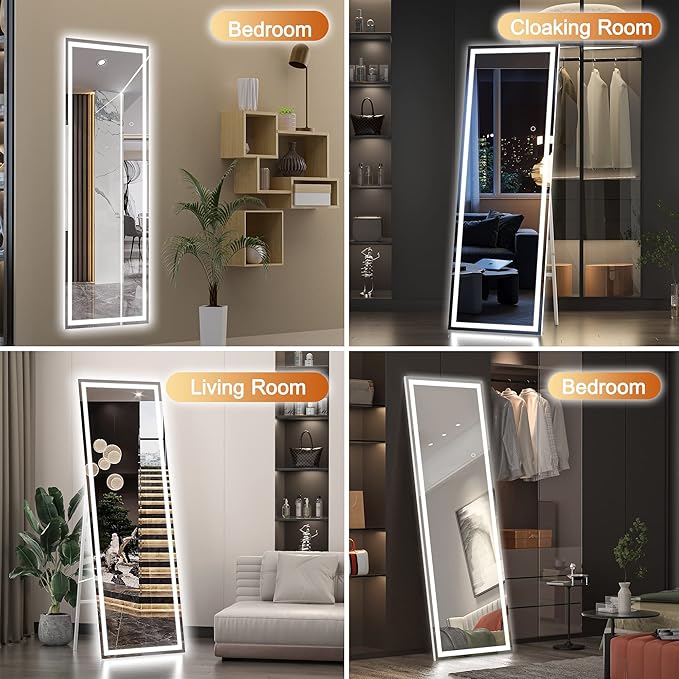 Hasipu Full Length Mirror with Lights, 65" x 21.7" LED Floor, Full Body Dressing Standing, Hanging Mounted Mirror, Square White