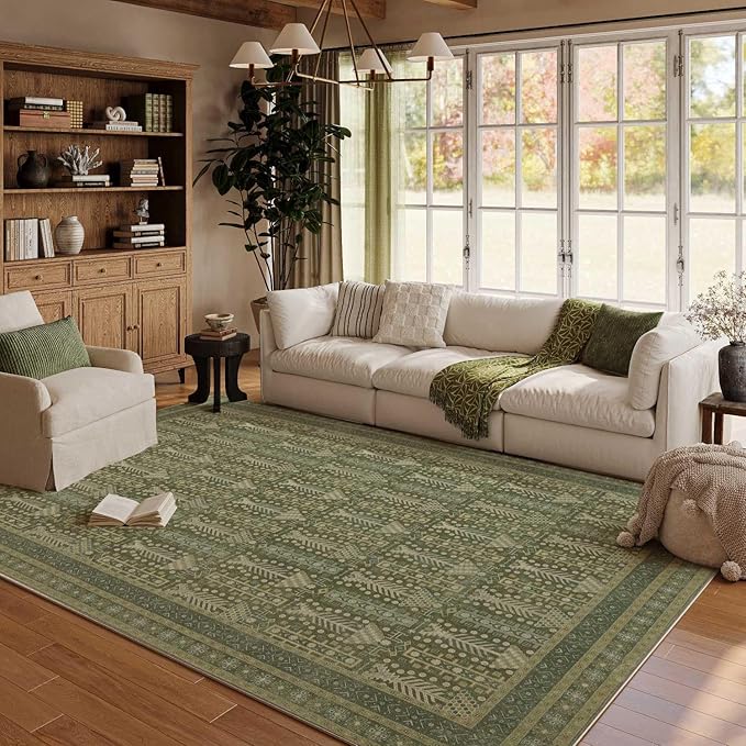 Rugxara 5x7 Washable Area Rugs for Bedroom & Living Room - Floral Boho Vintage Rug,Soft & Non-Slip,Low Pile Wool Carpet for Indoor Dining Room,Girls Room,Nursery Room and Kids Room(Olive Green)