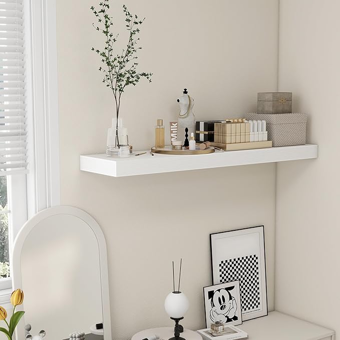 FLYJOE 48 Inch White Floating Shelf | 12 Inch Deep Floating Shelves Set of 1 | 48" D x 12" D Rustic Wood Shelves for Wall | Deep White Shelves for Living Room Bathroom Laundry Room Kitchen