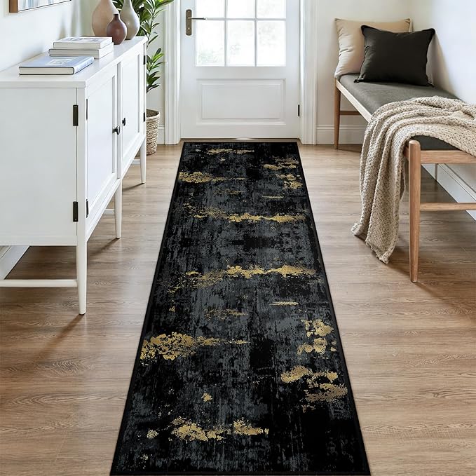RELEANY Washable Area Rugs 3x9 Non-Slip Modern Abstract Soft for Living Room Entryway Bedroom Nursery, Print Pattern, Dark Black Gold