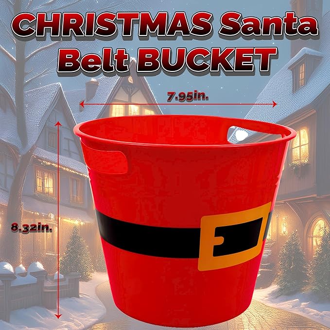 5-Pack Christmas Santa Belt Buckets, 7.95in. x 8.32in. Holiday Gift Red Pail Basket with Handles Party Favor Stackable Containers Goodie Bags Treat Holders Christmas Décor Craft Decorative Storage