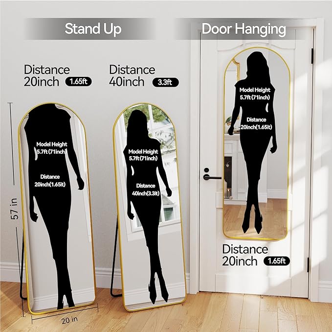 SCWF-GZ 57x20 Door Hanging Full Length Mirror, Floor (Height 5.7ft just Body in1.3ft) Wall Mounted Metal Frame Arch Dressing Mirrors for Bedroom Bathroom Living Room 57 inch Gold