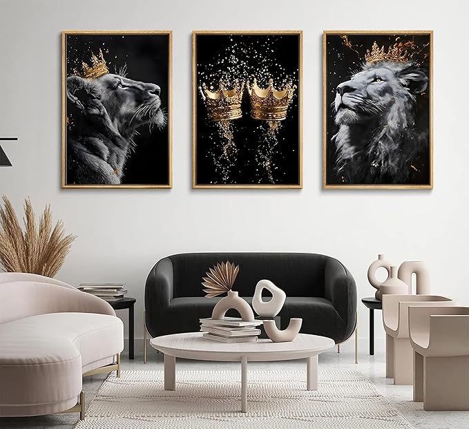 3 Pieces Lion Canvas Wall Art Golden crown with lion Poster print Modern Motivational Black And White Lion Pictures Wall Decor for Living room Office Decoration Unframed
