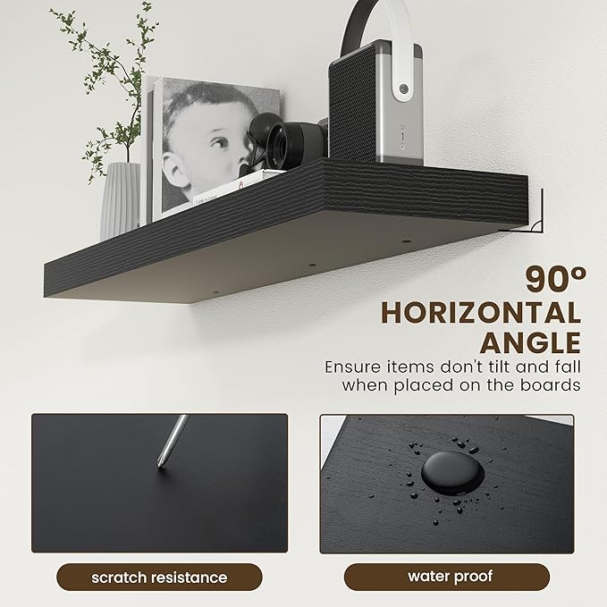 FLYJOE 48 Inch Black Floating Shelf | 12 Inch Deep Floating Shelves Set of 1 | 48" D x 12" D Rustic Wood Shelves for Wall | Deep Black Shelves for Living Room Bathroom Laundry Room Kitchen