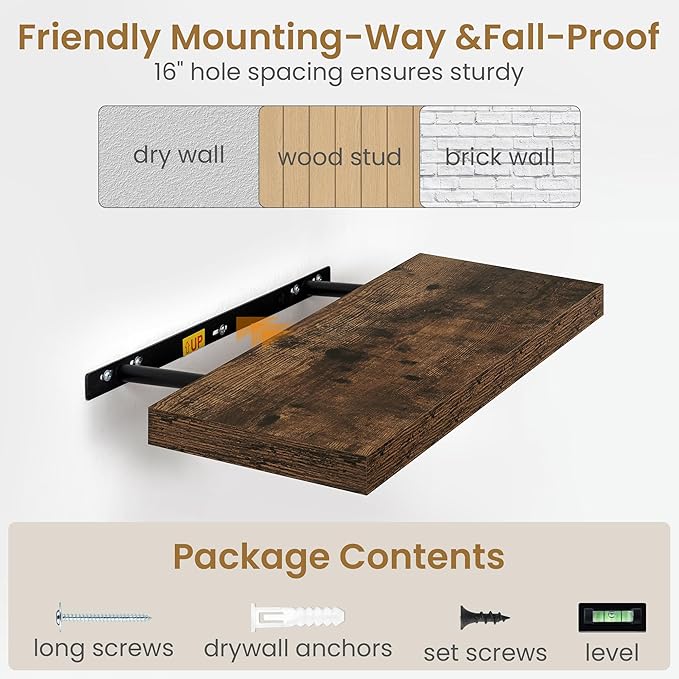 Fun Memories Floating Shelves 24 Inch Long, 9.3 Inch Deep Floating Shelf for Lving Room, Bedoom, Kitchen, Deep Wall Shelves for Bathroom, 2 Pack Storage Display Shelf for Books, Decors, Rustic Brown