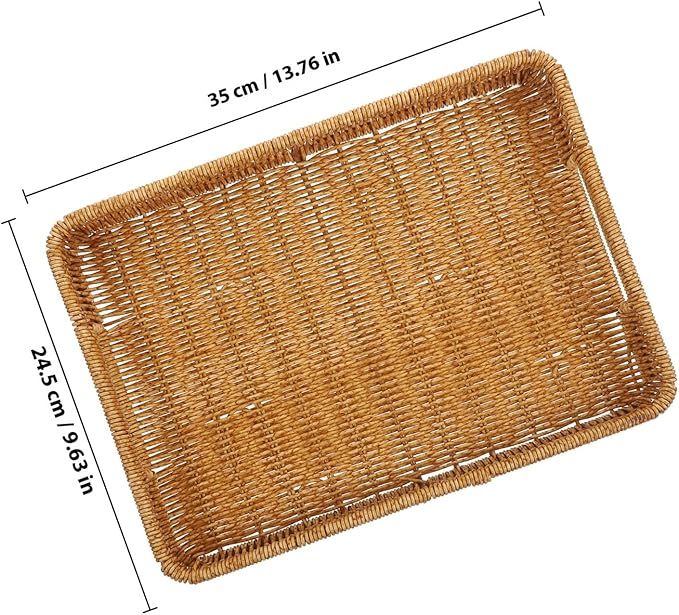 ULTECHNOVO Rectangular Decorative Serving Tray, Simulated Rattan Makeup Organizer Basket, Sturdy Iron Frame, Kitchen and Coffee Table Storage Tray for Home Décor and Desktop Organization