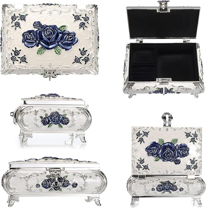 Hipiwe Metal Decorative Jewelry Box Vintage Treasure Chest Case Ornate Trinket Organizer Earrings Necklace Bracelet Storage Box Ring Holder Keepsake Box for Women