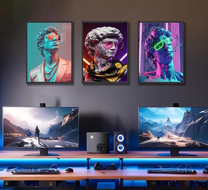 FJKLRP 3pcs Cyberpunk David Wall Art Neon Graffiti Canvas Prints poster Modern Pop Art Canvas Wall Decor for Living Room Gaming Room Bedroom Decoration Unframed