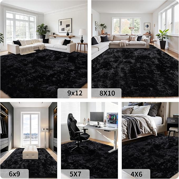 5x7 Area Rug for Living Room:Ultra Soft Fluffy Shag Black Rugs,Large Fuzzy Plush Indoor Non Slip Carpet Washable Rug for Bedroom Kids Nursery Office Dorm Modern Decor(Black 5'x7')