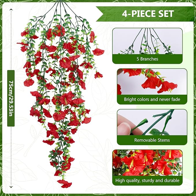 4-Pack Fake Hanging Plants, Faux Hanging Plant Artificial Greenery for Living Room Bedroom Boho Wall Shelf Indoor Outdoor Decor (Red Morning Glory)