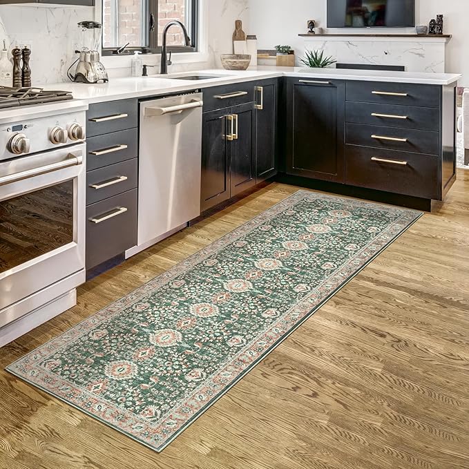 Goideal Washable Runner Rug 2x6, Vintage Rugs Non Slip, Indoor Low Pile Carpet with Rubber Backing for Kitchen Bathroom Entryway Office Bedroom,Green & Orange