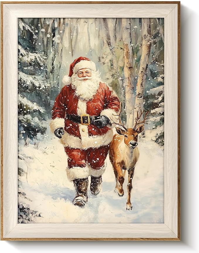 VIYYIEA Winter Framed Wall Art for Living Room, Santa Claus and Reindeer Canvas Prints, Oil Painting Home Decor, Christmas Picture, Bathroom Wall Decor Gifts for Friends or Family - 16L x 12W