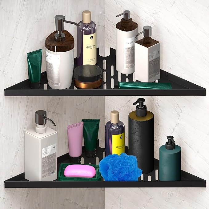 Bathroom Corner Shelves for Shower - Adhesive / Stick / Drill / No Drill - 16" Strong Black Floating Corner Shelf for Tiled Wall, Bathroom, Inside Shower Caddy, Shelf Wall Mount Triangular, Organizer
