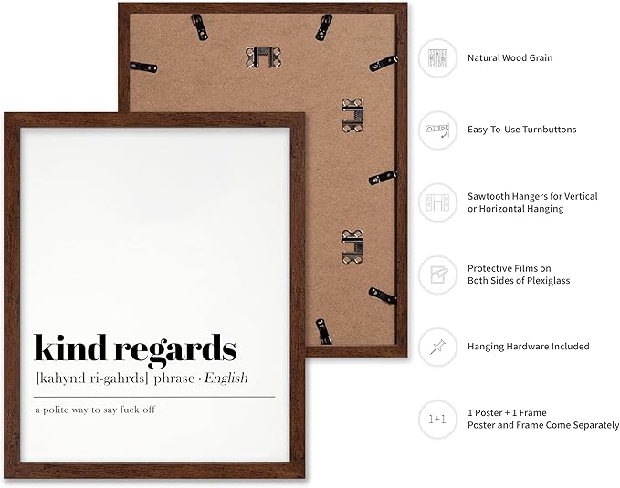 Poster Master Typography Poster - Dictionary Print - Kind Regards Definition, Polite Way to Say Fuck Off, Funny - Gift for Colleague, Friend - Wall Decor for Home, Office, 8x10 Brown Framed