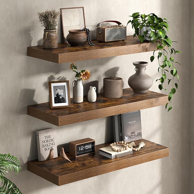 40Inch Floating Shelves for Wall, 12 Inch Deep Shelves for Bedroom, Kitchen, Bathroom Wall Mounted, Rustic Wood Floating Shelf with Invisible Brackets for Books, Storage, Decor, Rustic Brown, 2 Packs