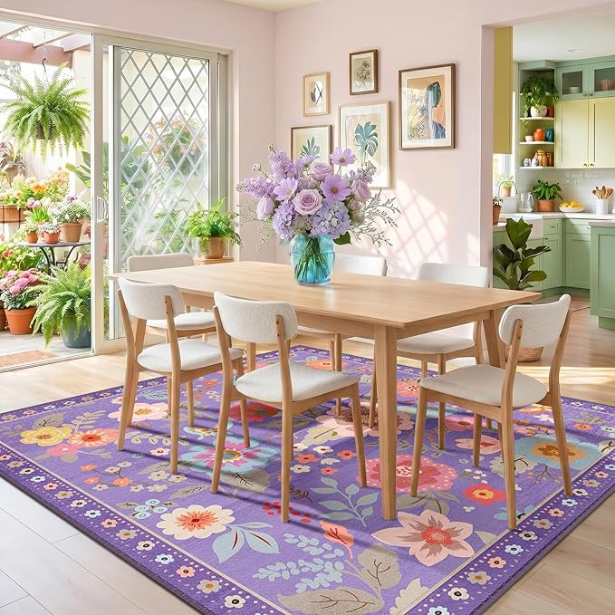 RELEANY Floral Nursery Square 8ft Area Rugs Washable Print Boho Cute Carpet Non Slip Flower Low Pile for Living Room Kids Girls Playroom Bedroom Kitchen Office Farmhouse-Purple/Pink/Multi