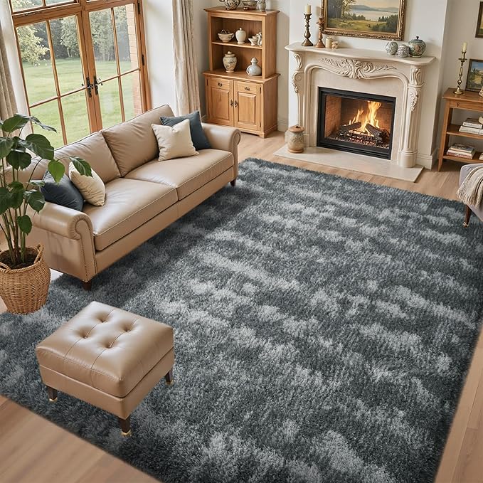 5x7 Ft Large Shag Rug for Living Room Bedroom,Tie-Dyed Ultra Soft Fluffy Furry Area Rug, Aesthetic Carpet for Indoor Floor Home Decor (Dark Grey)
