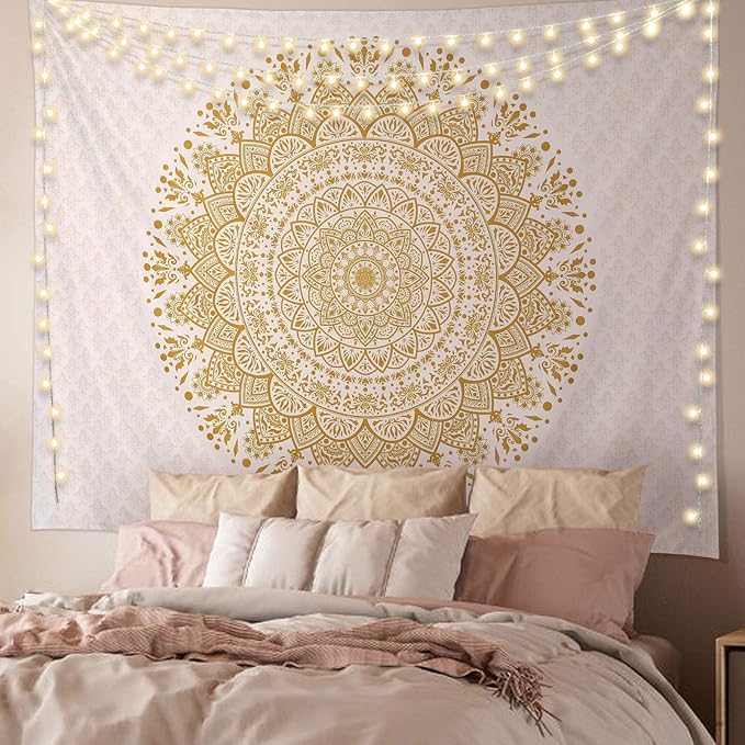 Edeesky White Golden Mandala Tapestry Wall Hanging Psychedelic Medallion Wall Tapestry Aesthetic Indian Hippie Decor Bohemian Art Boho Home Decoration for Bedroom,Living Room,Dorm