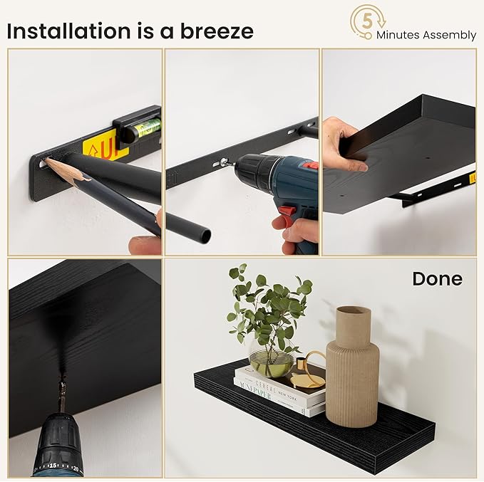 Fun Memories Floating Shelves for Wall, Rustic Wood Wall Mounted Shelves for Bathroom, Bedroom, Living Room & Kitchen, Storage Display Shelves, (Set of 2, Black, 24 in)
