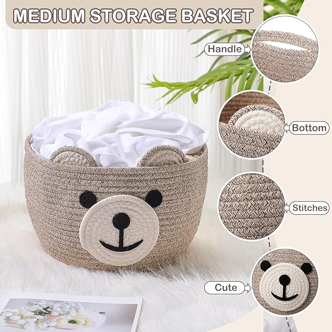 Zopeal Easter Bear Basket 13" D x 9.5" H for Nursery Cotton Rope Woven Bear Gift Empty Storage Basket with Handles Animal Hamper for Baby Shower Laundry Bathroom Home Decorative