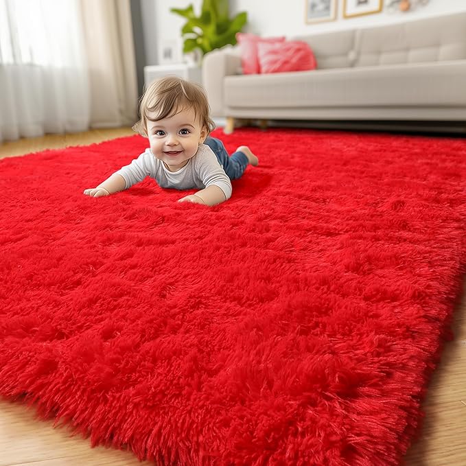 Amdrebio Red Area Rugs for Living Room Bedroom, Christmas Rug 6x9, Large Red Carpet, Plush Fuzzy Furry Rug for Kids Playroom, Fluffy Shaggy Throw Carpets for Dorm, Aesthetic Rugs for Boys Room Decor
