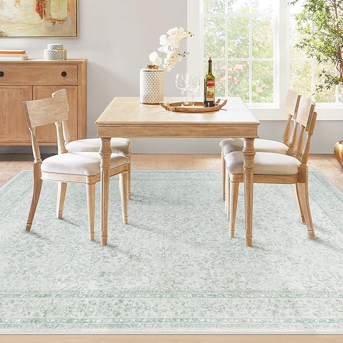 6x9 Area Rugs for Living Room: Washable Vintage Floral Rug Low Pile Non-Slip Boho Carpet for Nursery Bedroom Dining Room (Green, 6'x9')