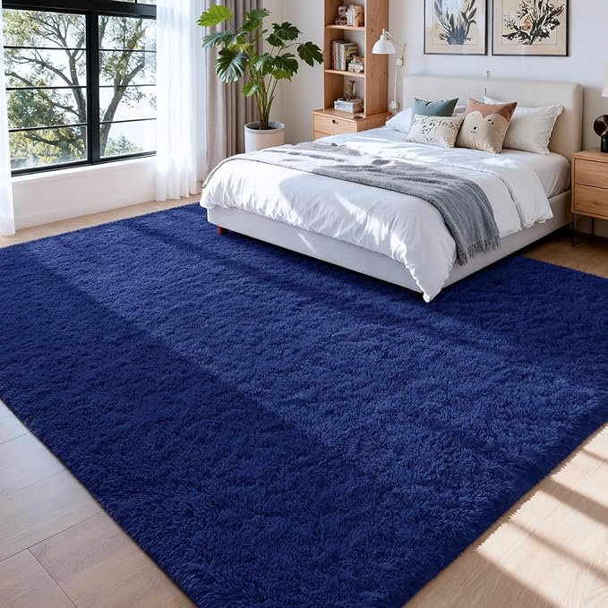 Modern Soft Fluffy Small Shaggy Rug for Bedroom Livingroom Dorm Kids Room Indoor Home Decorative, Non-Slip Plush Furry Fur Area Rugs Comfy Nursery Accent Floor Carpet 5X7 Feet, Light Navy