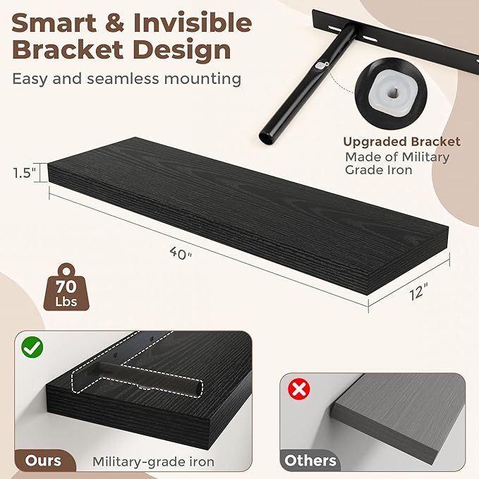 Fun Memories 12 Inch Deep Floating Shelves, 40 x 12 Floating Shelves for Wall Set of 2, Extra Deeper Hanging Wood Wall Shelves for Bedroom, Living Room, Kitchen, Black